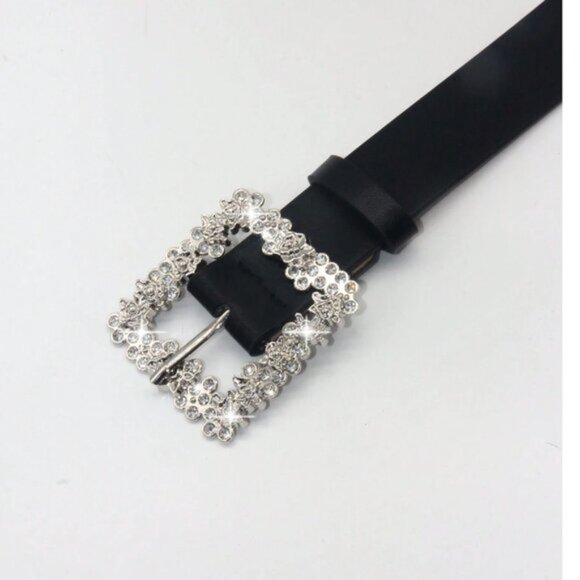 Vegan Leather Rhinestone Decor Metal Square Buckle Belt